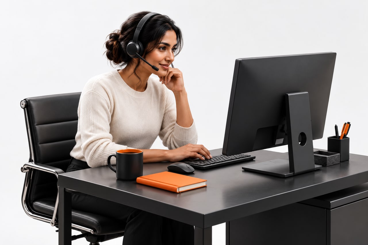 Concept illustration of an attentive customer support specialist listening at her desk.