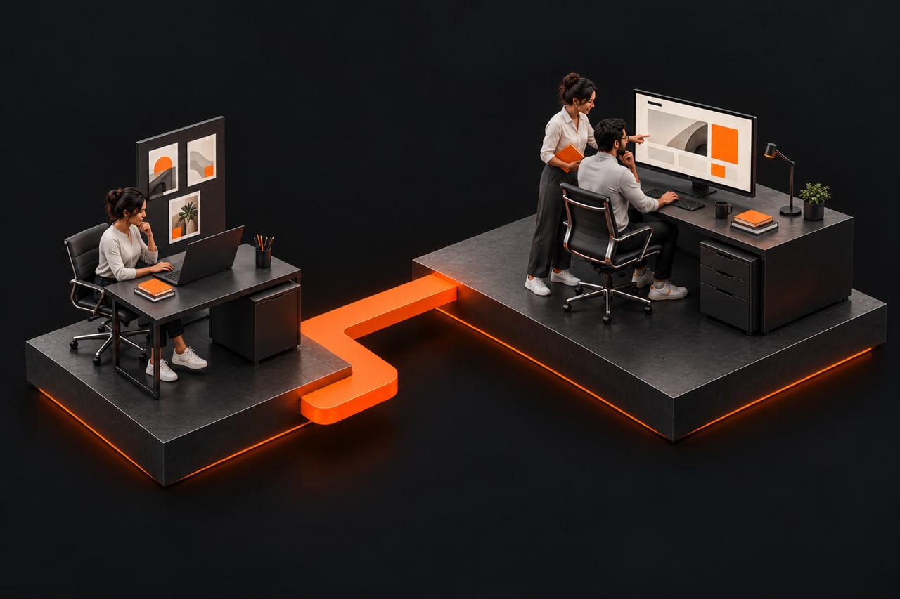 Concept illustration of designers and a campaign specialist working across connected platforms.