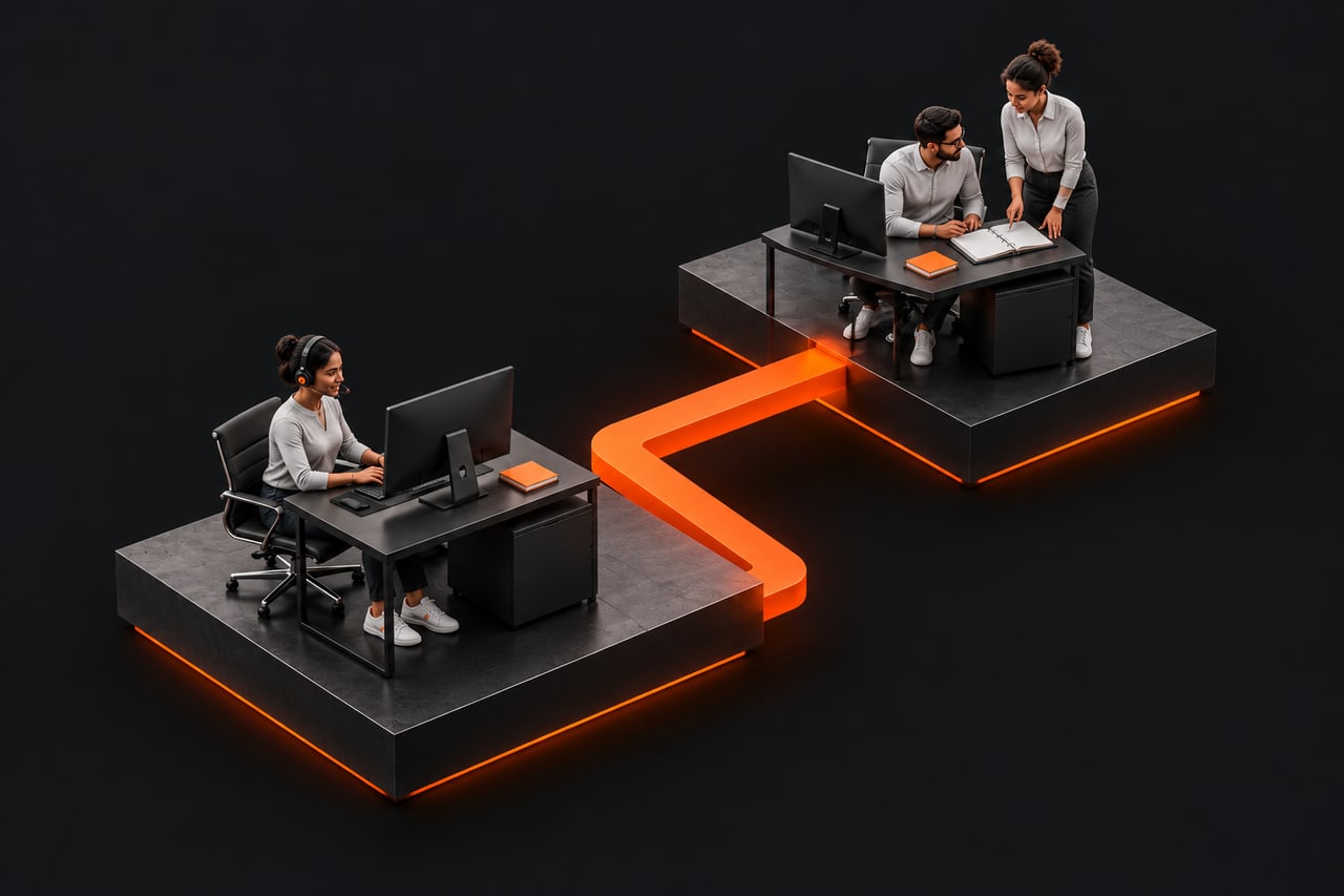 Concept illustration of a support specialist connected to colleagues reviewing the work together.