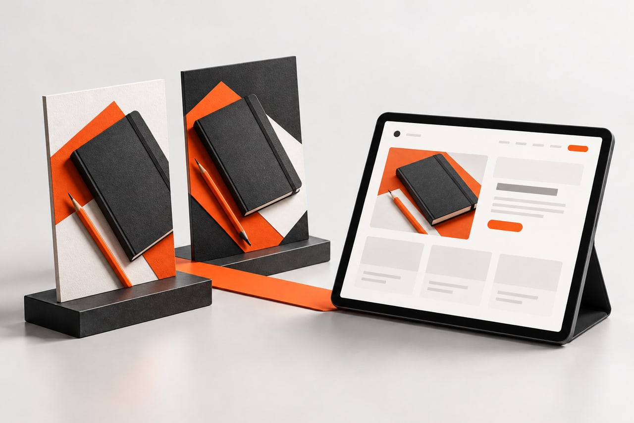 Concept illustration of two campaign creative cards connected to a corresponding landing page on a tablet.