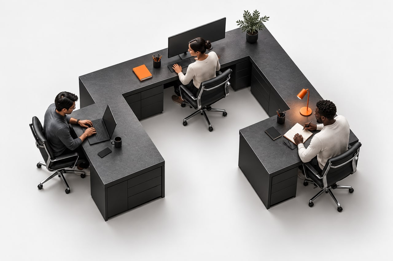 Concept illustration, viewed from above, of three specialists working around one U-shaped desk.