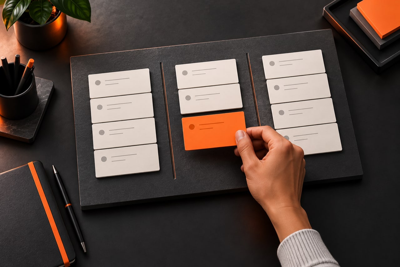Concept illustration of a hand organising customer records on a physical planning board.
