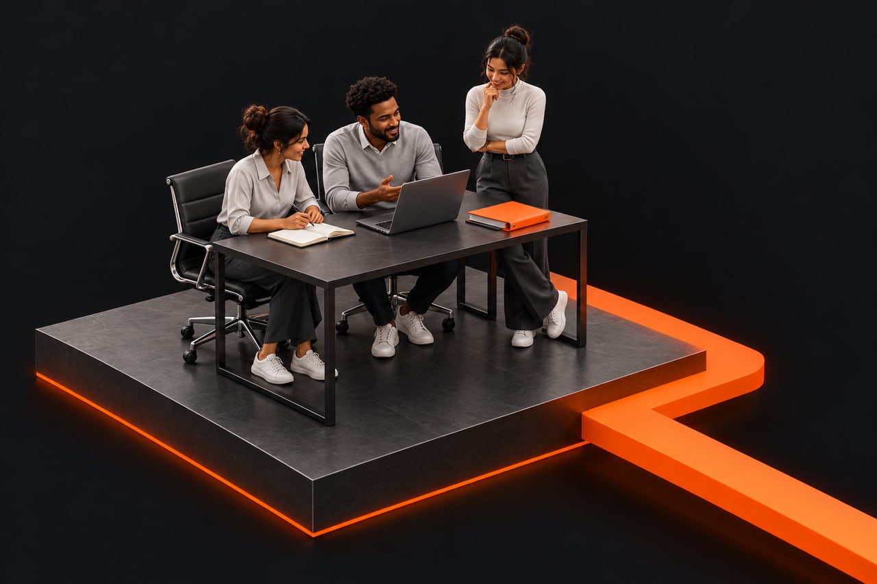 Concept illustration of three colleagues sharing knowledge around a laptop and notebook.
