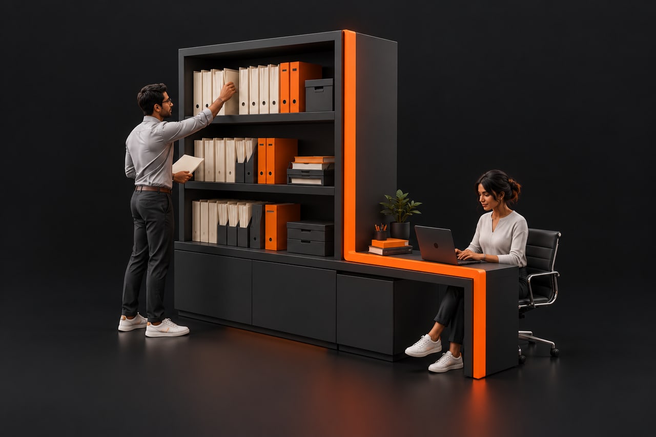 Concept illustration of colleagues accessing organised company knowledge, represented by a cabinet connected to a digital workspace.