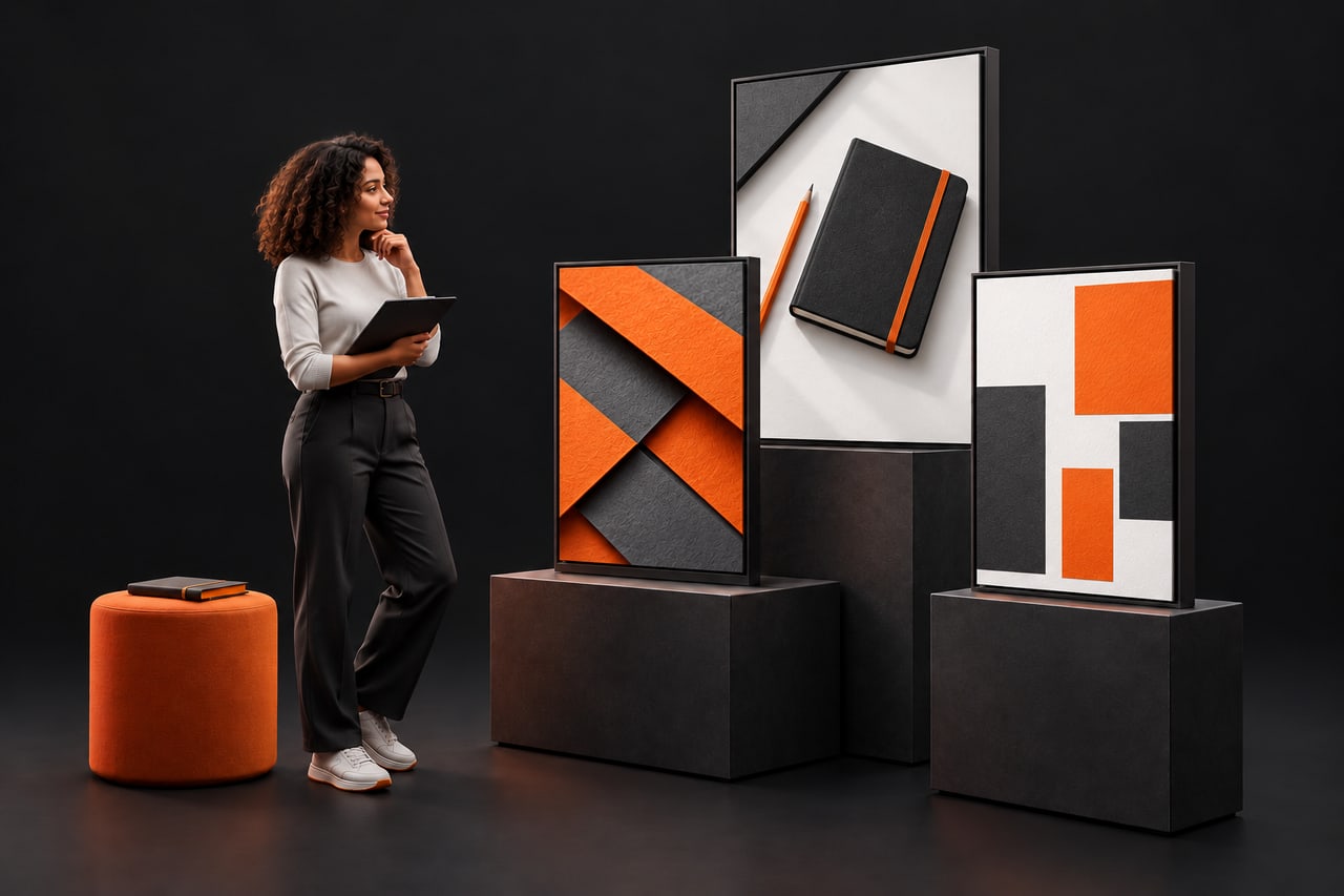 Concept illustration of a content strategist reviewing a coordinated set of visual content panels.
