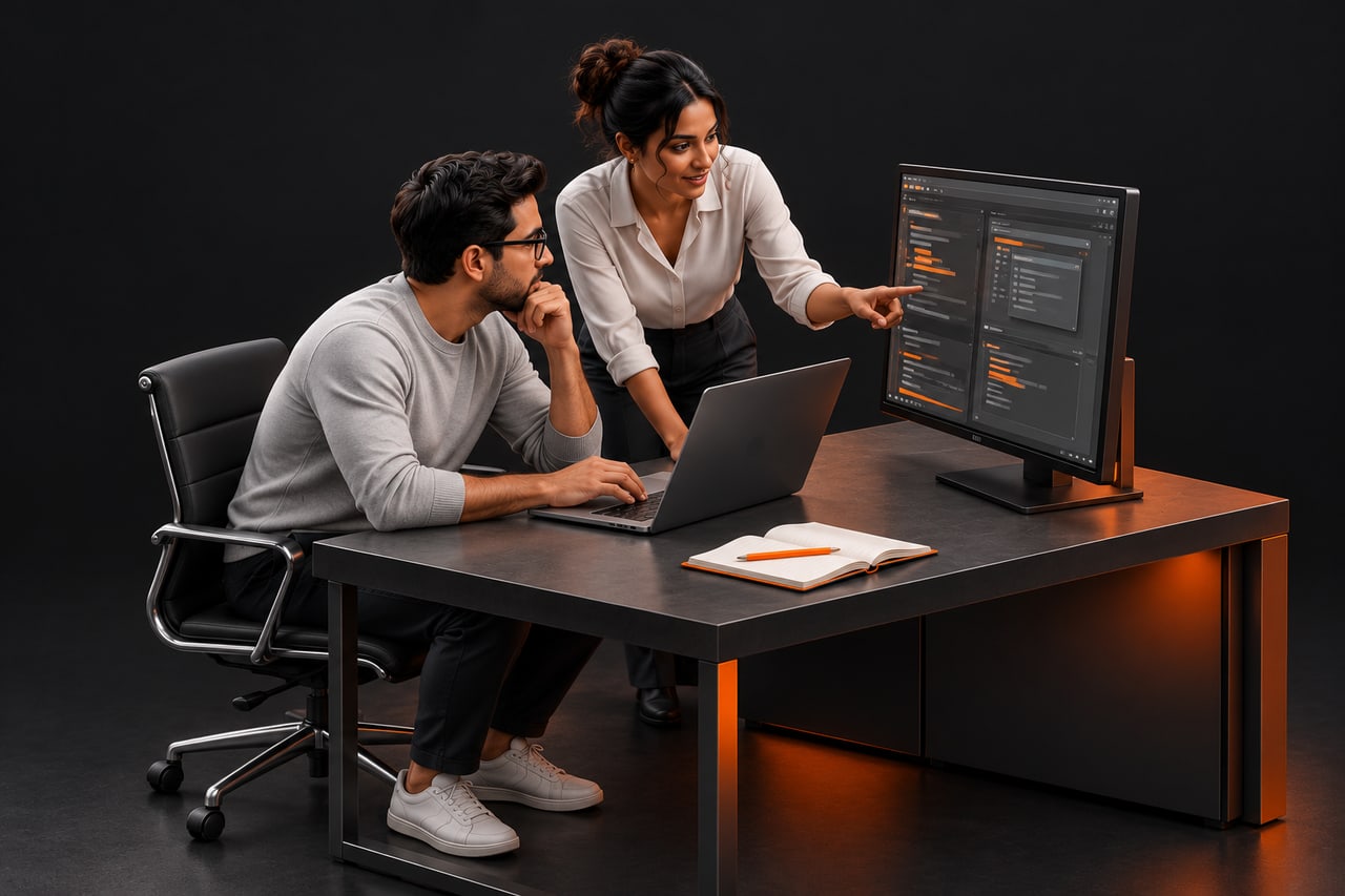 Concept illustration of two technical support colleagues investigating a software issue together.