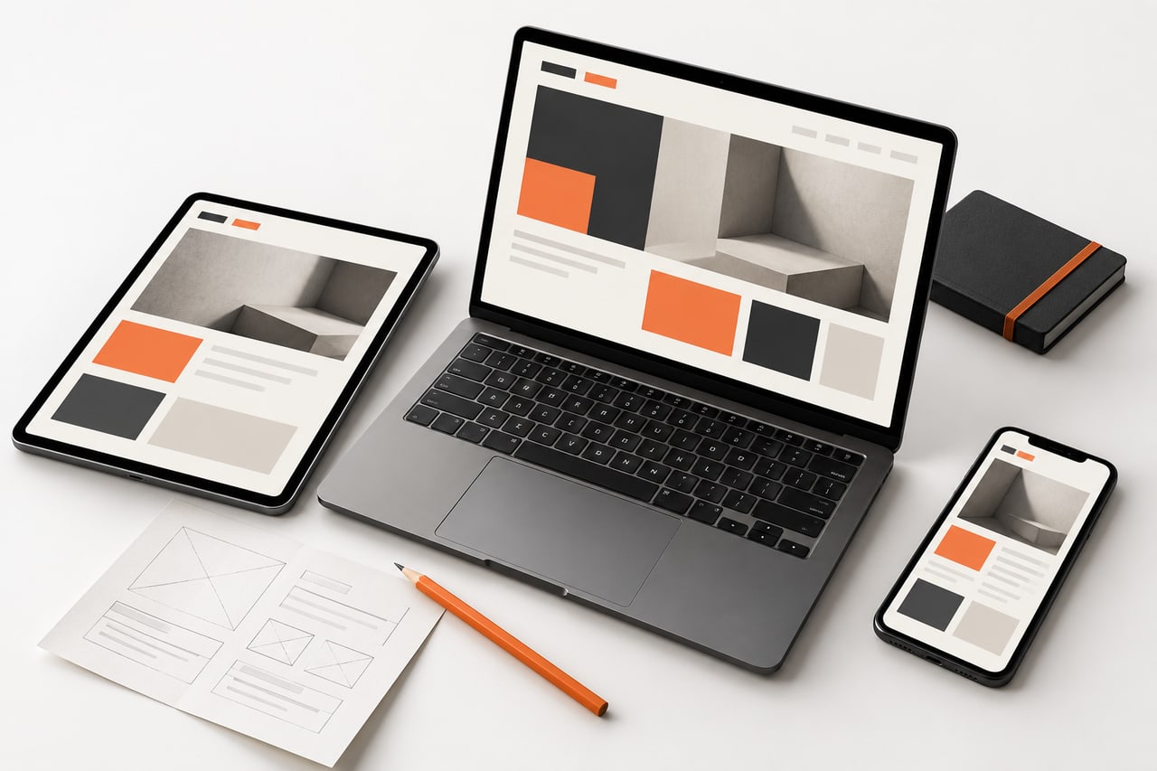 Concept illustration of a coordinated website layout across a laptop, tablet and phone, beside a paper wireframe.