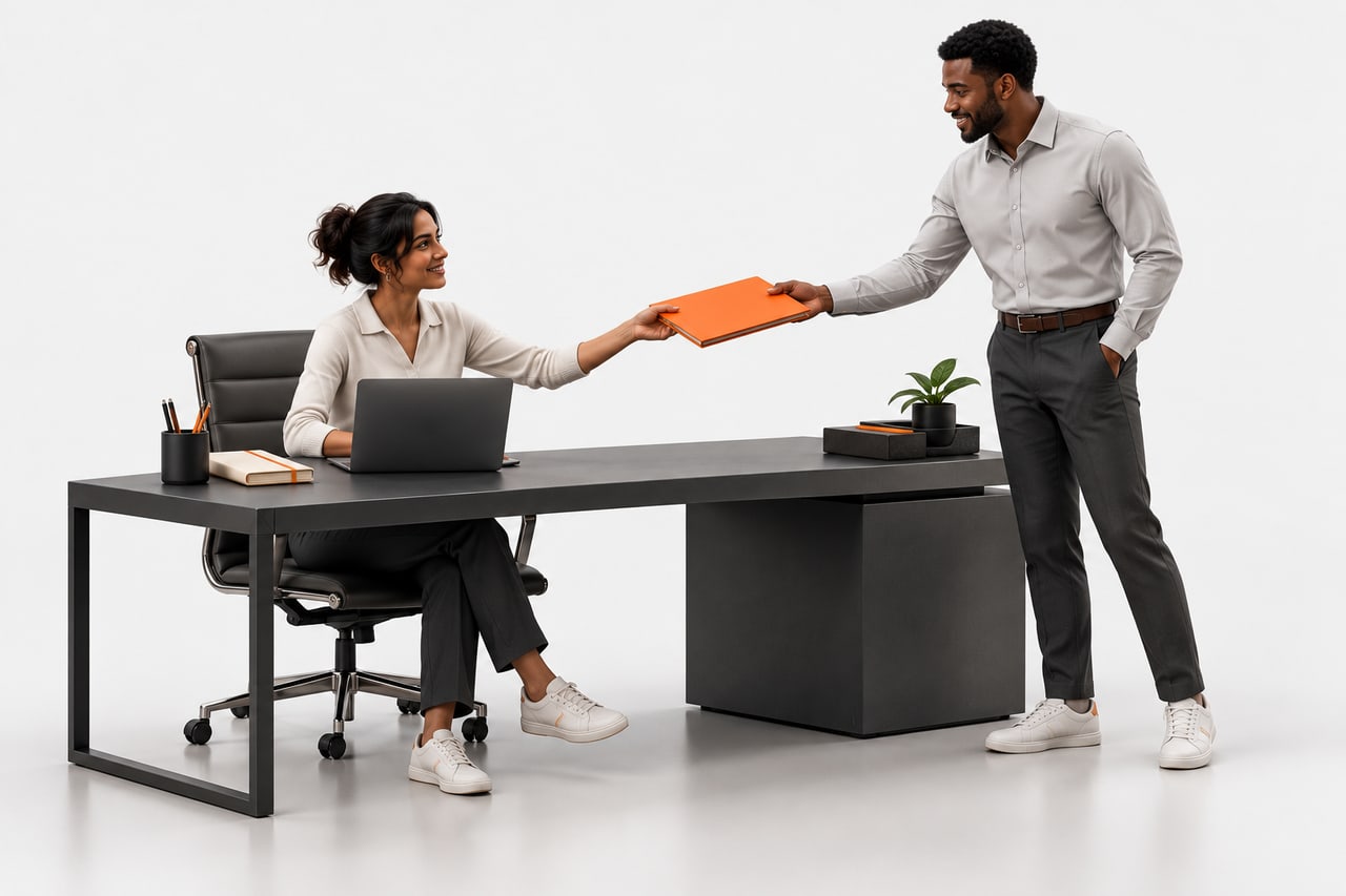 Concept illustration of two colleagues passing an orange project folder across a workbench.